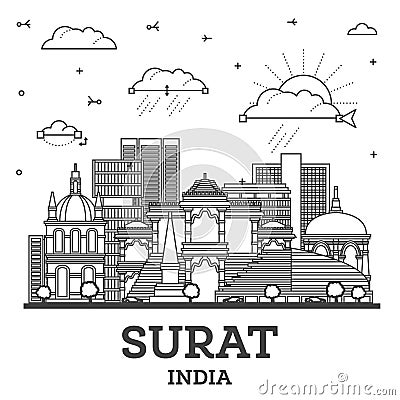 Outline Surat India City Skyline with Modern and Historic Buildings Isolated on White. Surat Cityscape with Landmarks Stock Photo