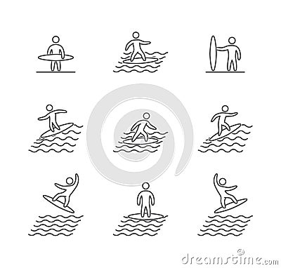 Outline surfing icons set Vector Illustration