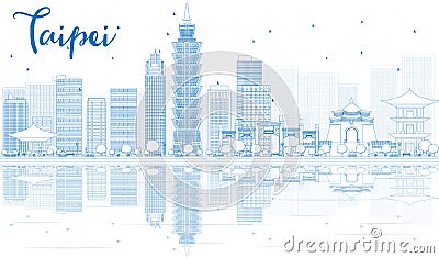 Outline Taipei skyline with blue buildings and reflections. Cartoon Illustration