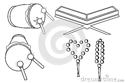 Outline of tasbih, Al Quran and Bedug, Isolated on White Vector Illustration