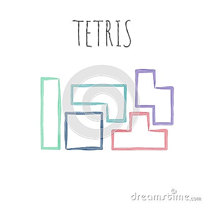 Watercolor linear tetris bricks or shapes. Stock vector illustration isolated on white background Cartoon Illustration