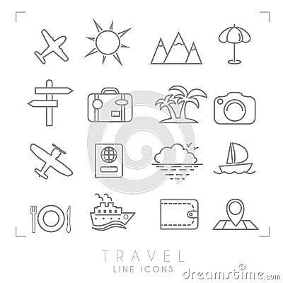 Outline thin travel and vacation icons set collection Vector Illustration