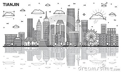 Outline Tianjin China City Skyline with Modern Buildings and Reflections Isolated on White Stock Photo