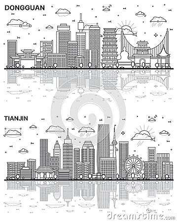 Outline Tianjin and Dongguan China City Skyline Set with Modern Buildings and Reflections Isolated on White Stock Photo