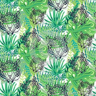 Outline tiger head seamless pattern wallpaper vector Vector Illustration