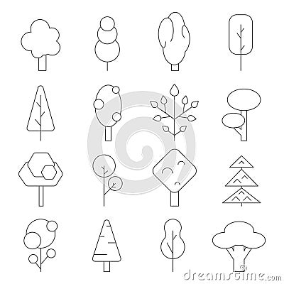 Outline trees. Vector mono line pictures of various plants Vector Illustration