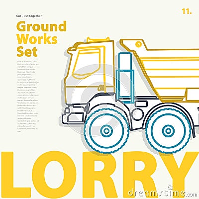 Outline typography set with lorry. Outlined truck. Construction machinery vehicle. Vector Illustration