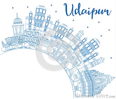Outline Udaipur India City Skyline with Blue Buildings and Copy Stock Photo