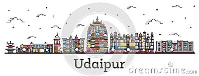 Outline Udaipur India City Skyline with Color Buildings Isolated on White Stock Photo