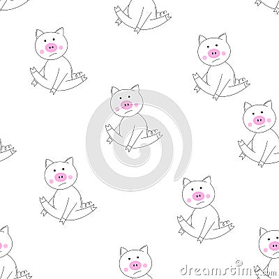 Outline vector animals seamless pattern. The piglet does exercises, goes in for sports. Cute pig on white background. Cartoon Vector Illustration