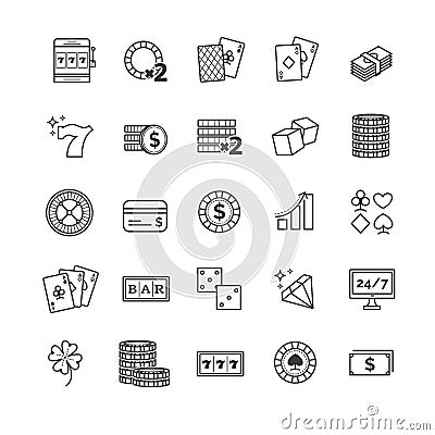 Outline vector icons set - casino, gambling, poker game Vector Illustration