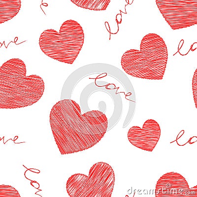 Outline vector illustration of a group of beautiful bright scribble red hearts with lettering Love isolated on a white background Vector Illustration