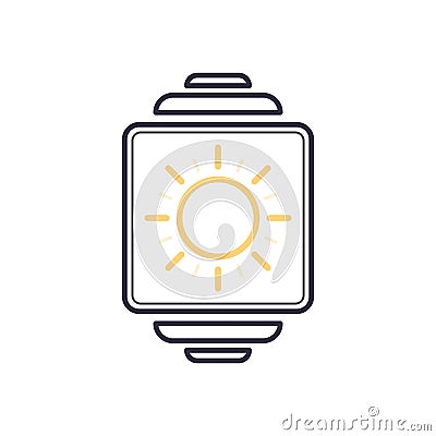 Outline vector smartwatch with warm and heat weather app icon. Meteorological symbol of sun with rays. Friendship call device Vector Illustration