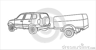 Outline Vector SUV With Trailer Vector Illustration