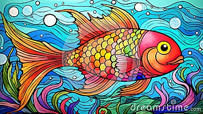 an outline of a vibrant fish swimming in the ocean, kids drawing concept Stock Photo