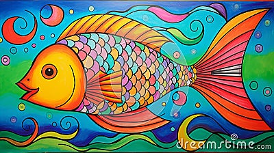 an outline of a vibrant fish swimming in the ocean, kids drawing concept Stock Photo