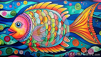 an outline of a vibrant fish swimming in the ocean, kids drawing concept Stock Photo