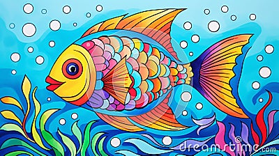 an outline of a vibrant fish swimming in the ocean, kids drawing concept Stock Photo