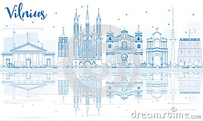 Outline Vilnius Skyline with Blue Landmarks and Reflections. Stock Photo