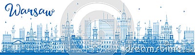 Outline Warsaw skyline with blue buildings. Cartoon Illustration