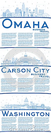 Outline Washington DC, Omaha and Carson City Nevada City Skylines with Blue Buildings and Copy Space Stock Photo