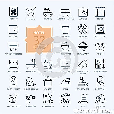 Outline web icon set - Hotel services Vector Illustration