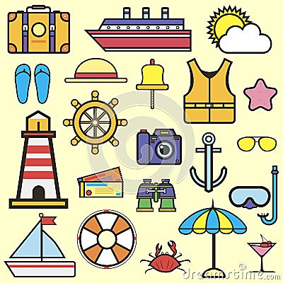 Outline web icon set of journey, vacation, cruise Vector Illustration