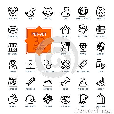 Outline web icon set - pet, vet, pet shop, types of pets Vector Illustration