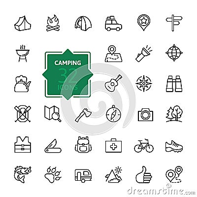 Outline web icon set - summer camping, outdoor, travel. Vector Illustration