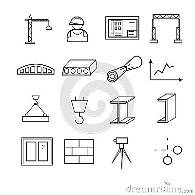 Outline web icons set - building, construction and design tools Vector Illustration