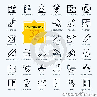 Outline web icons set - construction, home repair tools Vector Illustration