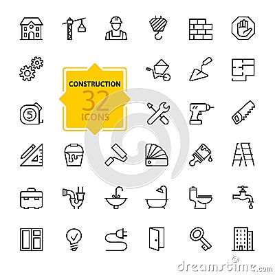 Outline web icons set - construction, home repair tools Vector Illustration