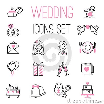 Outline wedding day black and pink marriage icons set of icons for engagement get married love and romantic event bride Vector Illustration