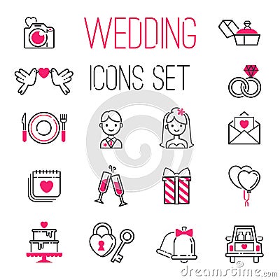 Outline wedding day marriage icons set Vector Illustration