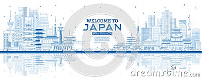 Outline Welcome to Japan Skyline with Blue Buildings Stock Photo