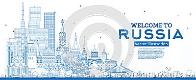 Outline Welcome to Russia Skyline with Blue Buildings Stock Photo