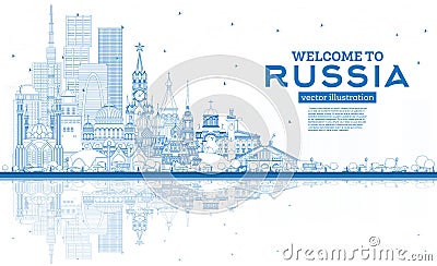 Outline Welcome to Russia Skyline with Blue Buildings Stock Photo