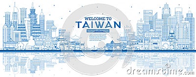 Outline Welcome to Taiwan City Skyline with Blue Buildings and Reflections Stock Photo