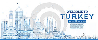 Outline Welcome to Turkey Skyline with Blue Buildings Stock Photo