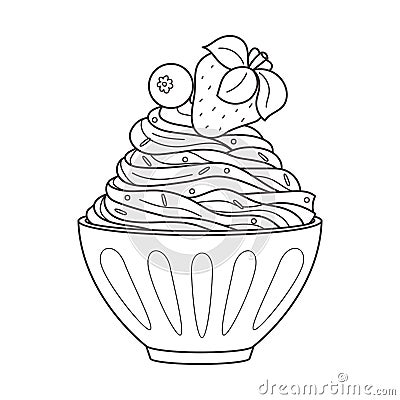 Outline Whipped ice cream in bowl. Dairy cold dessert with strawberry and blueberry. Seasonal sweet food. Black and Vector Illustration