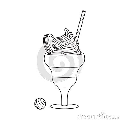 Outline whipped Ice cream with cookie, candy and straw in a cream bowl. Dairy cold dessert. Seasonal sweet food. black Vector Illustration