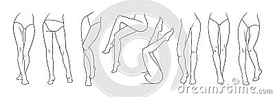 Outline woman leg. Line feet. Female body. Hand drawn shapes. Barefoot ankles and toes. Feminine swimsuit and lingerie Vector Illustration