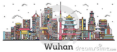 Outline Wuhan China City Skyline with Color Buildings Isolated on White Stock Photo