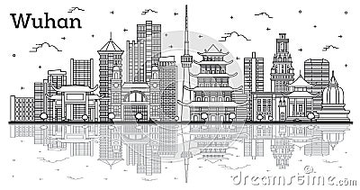 Outline Wuhan China City Skyline with Modern Buildings and Reflections Isolated on White Stock Photo