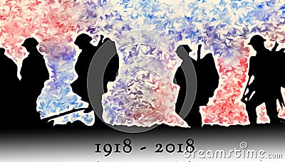 Outline of WWI soldiers walking over colourful blasts Stock Photo