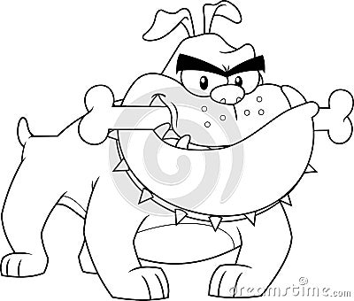 Outlined Angry Bulldog Cartoon Mascot Character With A Bone In His Mouth Vector Illustration