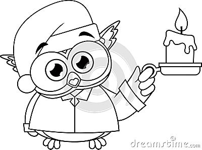 Outlined Baby Owl Bird Cute Cartoon Character With Pajamas Holding A Candle Vector Illustration