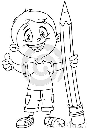 Outlined boy holding big pencil Vector Illustration