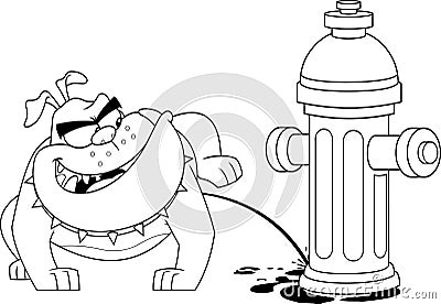 Outlined Bulldog Cartoon Mascot Character Peeing On A Fire Hydrant Vector Illustration