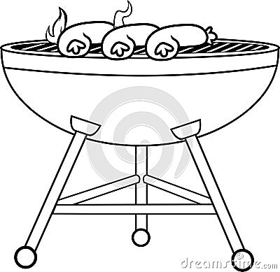 Outlined Cartoon Barbecue With Grilling Sausages Vector Illustration